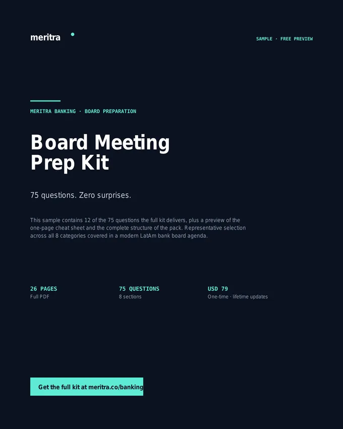 Preview of the Meritra Board Meeting Prep Kit sample — cover page and one-page cheat sheet